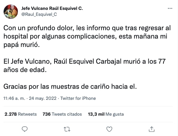 Muere Jefe Vulcano a los 77 años de edad