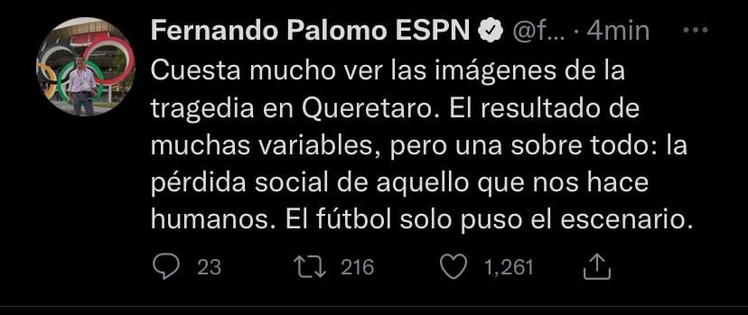 Tweet de Fernando Palomo sobre lo ocurrido en el Querétaro vs Atlas.