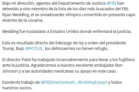 Pam Bondi asegura que Ryan Wedding fue capturado en México gracias a ella y el FBI.