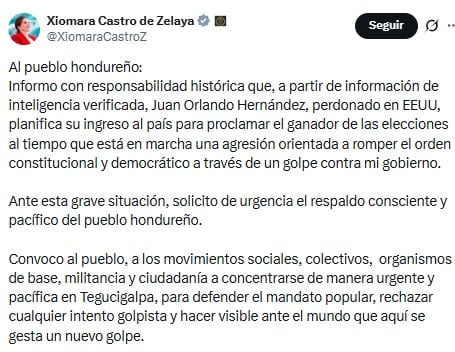 Xiomara Castro acusa golpe de Estado de Juan Orlando Hernández.