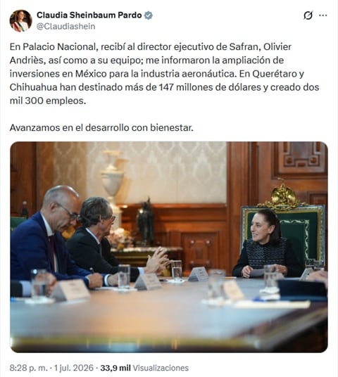 Sheinbaum y Safran impulsan nuevas inversiones para la industria aeronáutica en México
