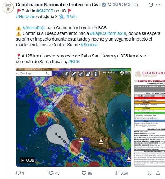 Huracán Polo: Comondú y Loreto entran en alerta roja en Baja California Sur