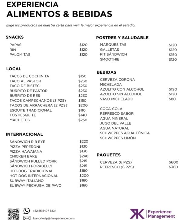 Precios de comida y bebidas en los palcos del Estadio Banorte