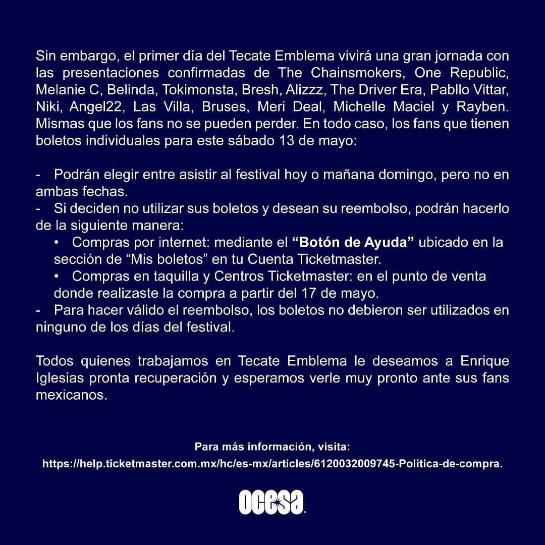 Postura de Ocesa y Tecate Emblema 2023 tras la cancelación de Enrique Iglesias