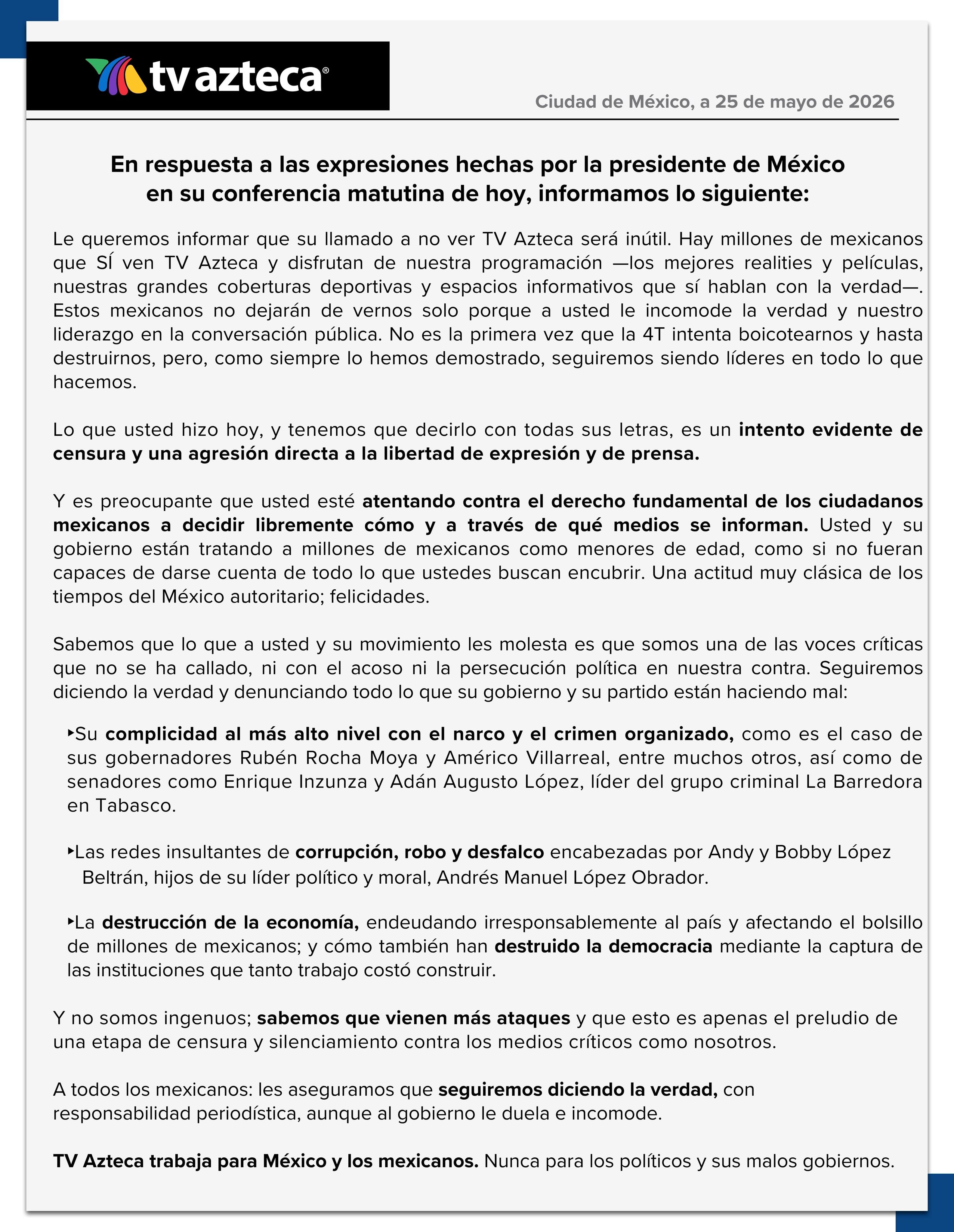 TV Azteca responde a Sheinbaum