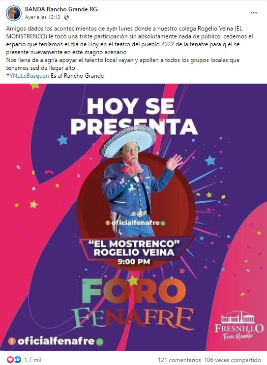Anuncio de Banda Rancho Grande para cederle su lugar al "Mostrenco" de Zacatecas