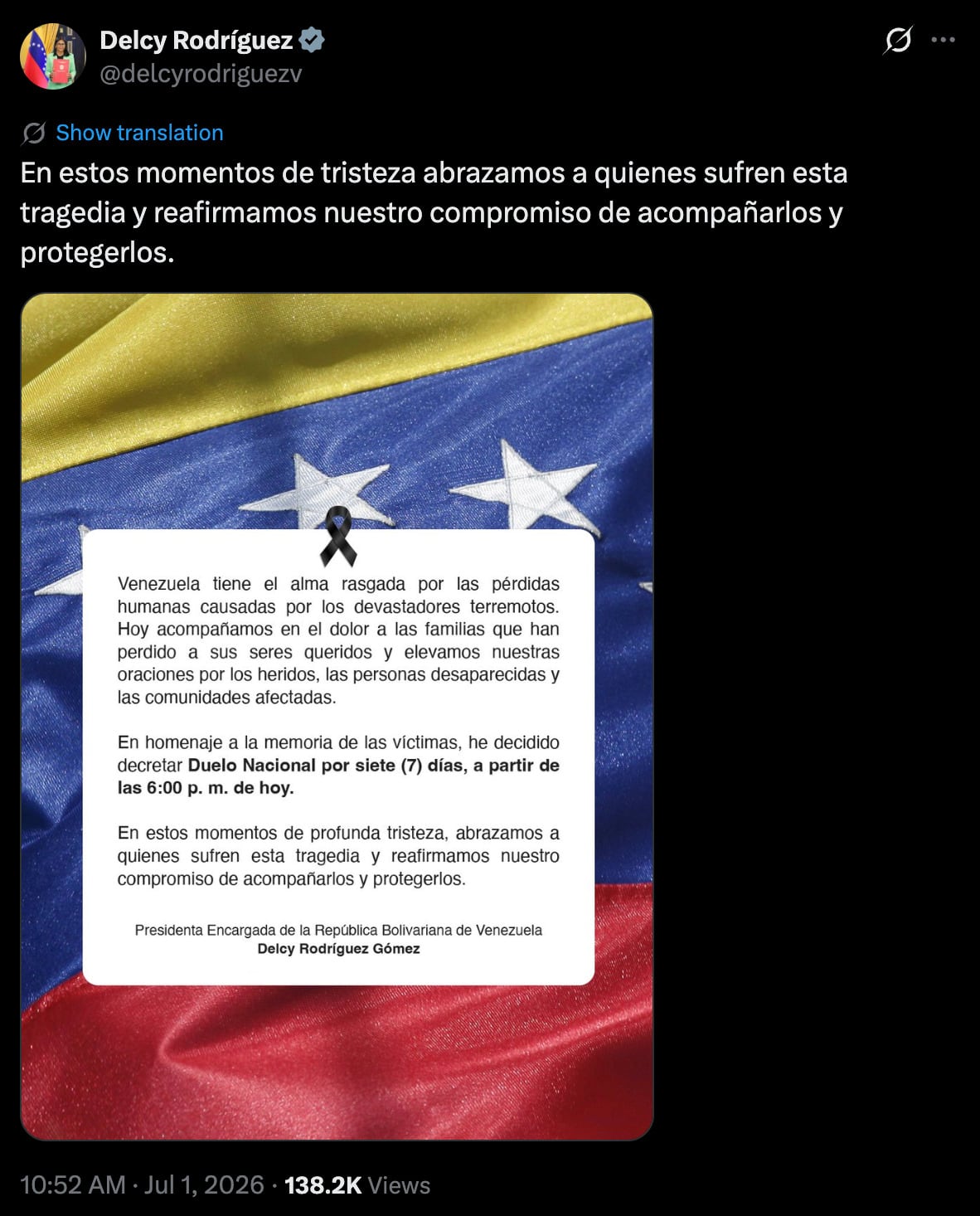 Venezuela tendrá 7 días de luto nacional por los terremotos, anuncia Delcy Rodríguez
