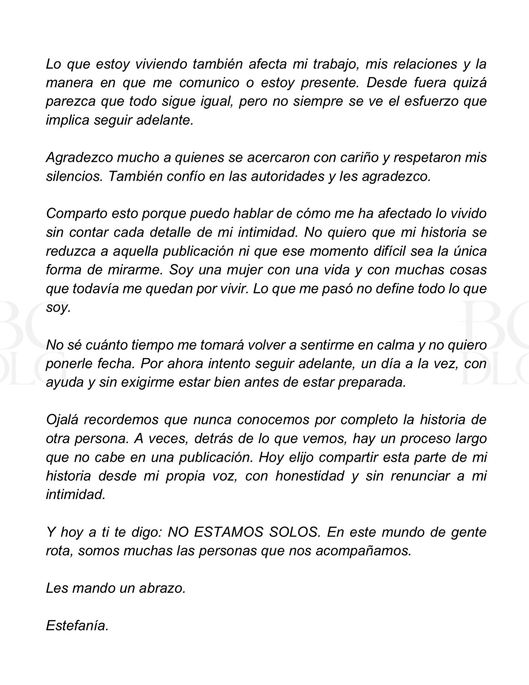 Comunicado de Estefanía Villarreal sobre su post de septiembre 2026.