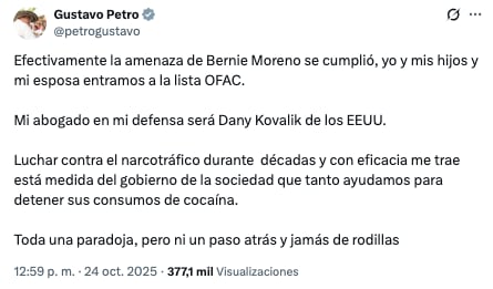 Gustavo Petro reacciona a sanción de Estados Unidos