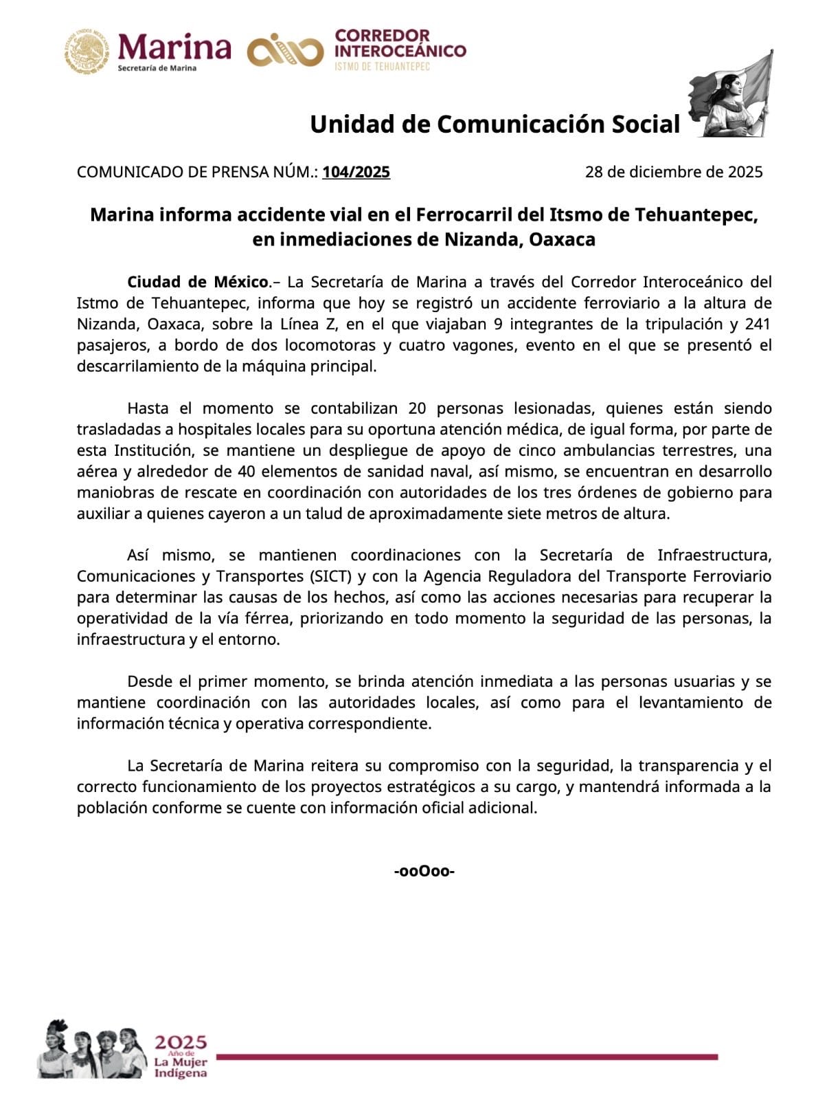 Semar actualiza información por descarrilamiento del Tren Interoceánico