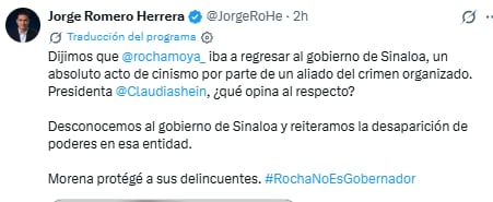 Jorge Romero anuncia que el PAN desconoce a Rubén Rocha como gobernador