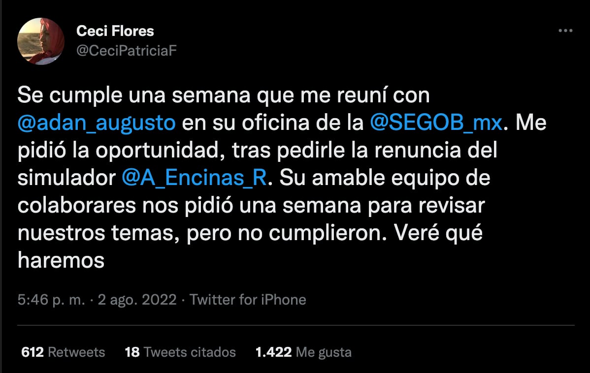 Ceci Flores anuncia que Adán Augusto López no cumplió acuerdos pactados