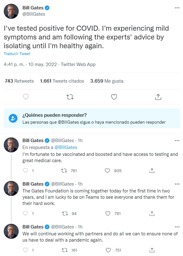 Tuits de Bill Gates donde anuncia que dio positivo a Covid-19