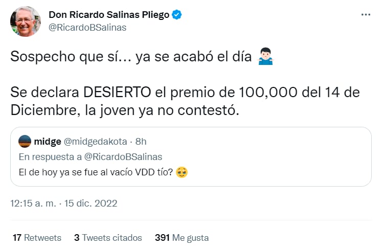 Ricardo Salinas Pliego promete regalar 100 mil pesos y termina declarando desierto el premio