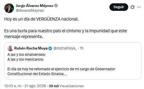 Jorge Álvarez Máynez critica el regreso de Rubén Rocha Moya al gobierno de Sinaloa.