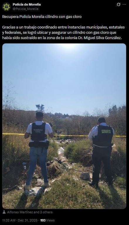 Autoridades localizan cilindro de gas cloro en Michoacán; cancelan alerta