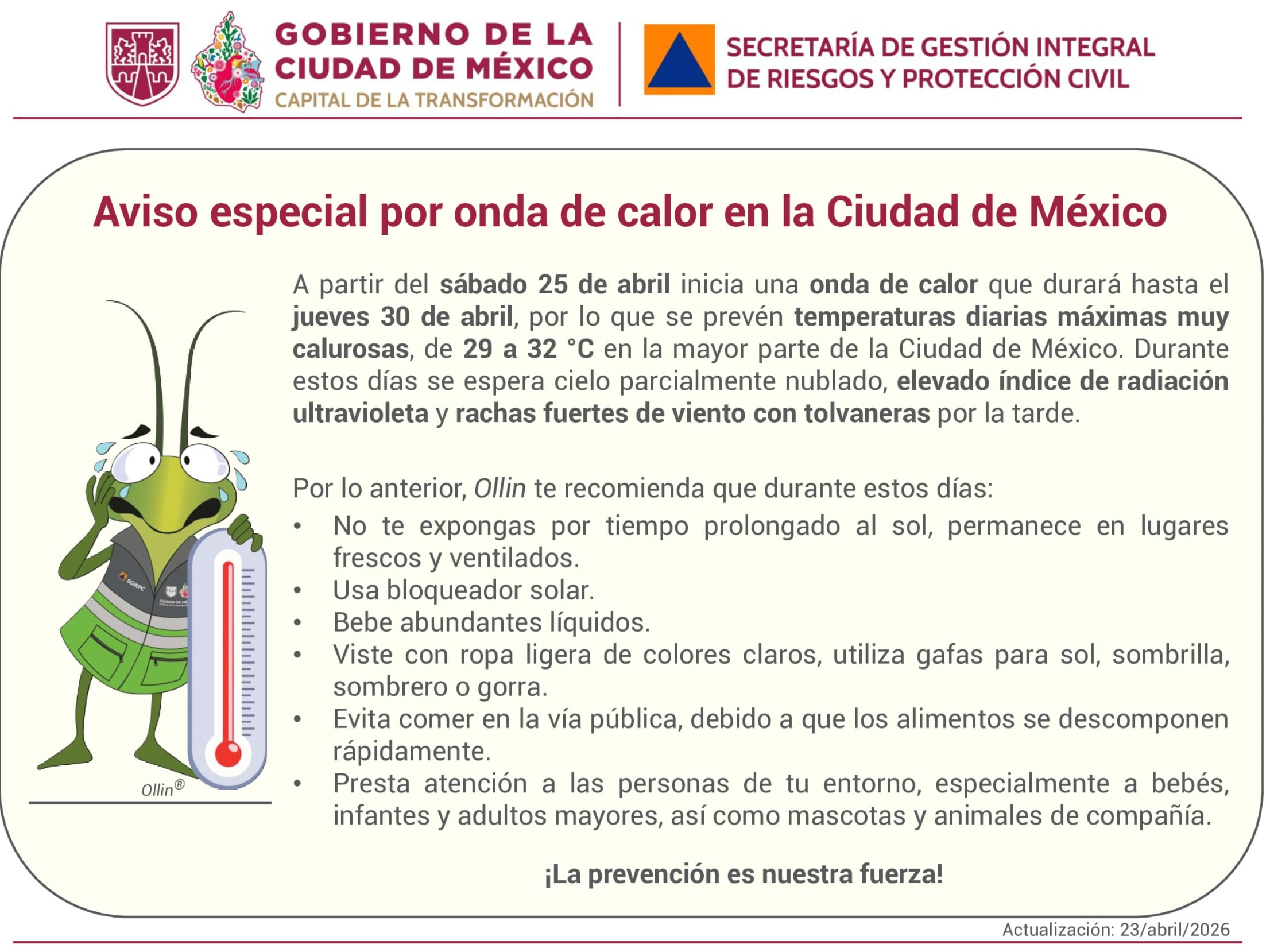 La Secretaría de Gestión Integral de Riesgos y Protección Civil comparte recomendaciones ante ola de calor