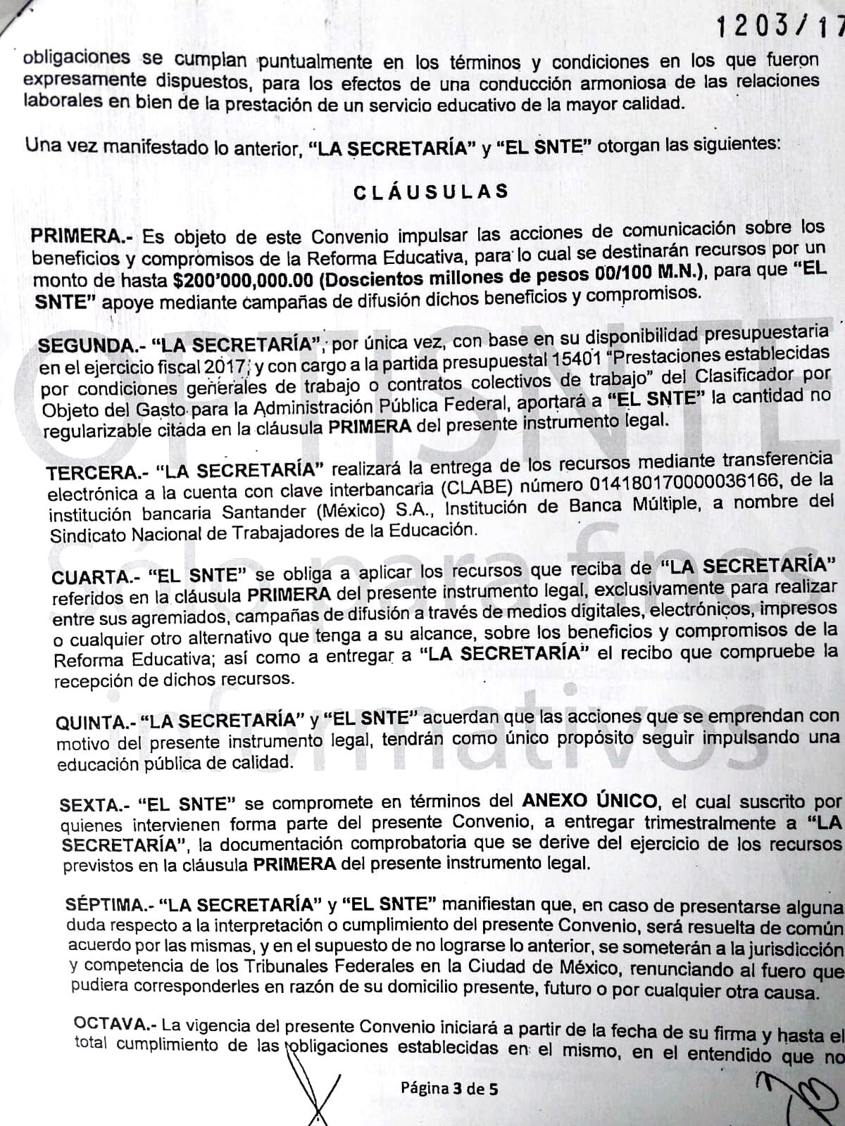 Clausulas del convenio entre la SEP y el SNTE respecto a la reforma educativa de Peña Nieto