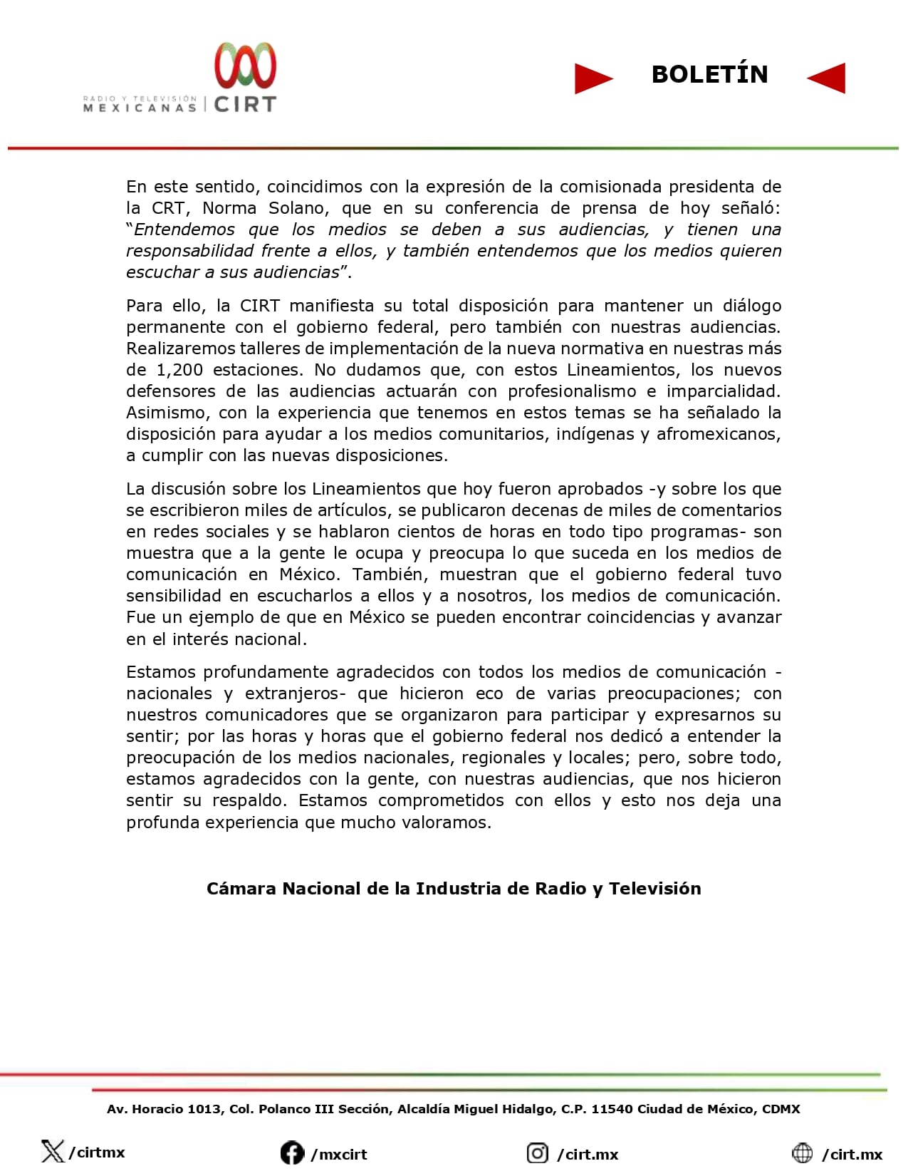 CIRT respalda nuevos lineamientos de derechos de las audiencias