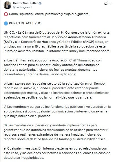 Héctor Sául Téllez del PT pide al SAT aclarar cuenta donde AMLO pide apoyo para Cuba.