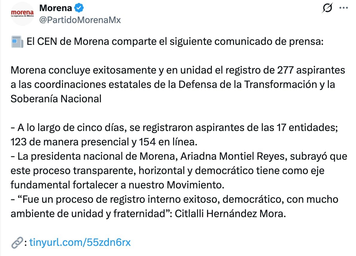 Morena revela en un comunicado de prensa que, el registro estatal de la Transformación ha concluido