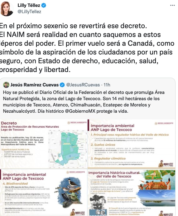 Tuit de Lilluy Téllez acerca del decreto de AMLO sobre el Lago de Texcoco como Área Natural Protegida.