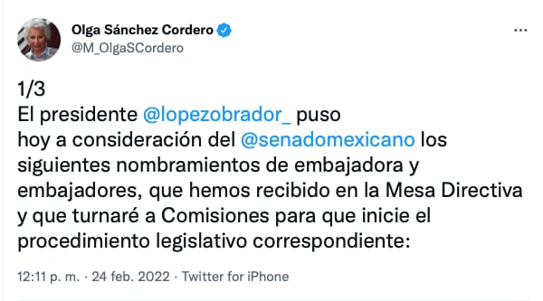 tuit de Olga Sánchez Cordero