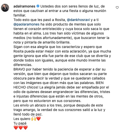 Adal Ramones apoya a su hija en aclaración sobre video trabajadora del hogar.
