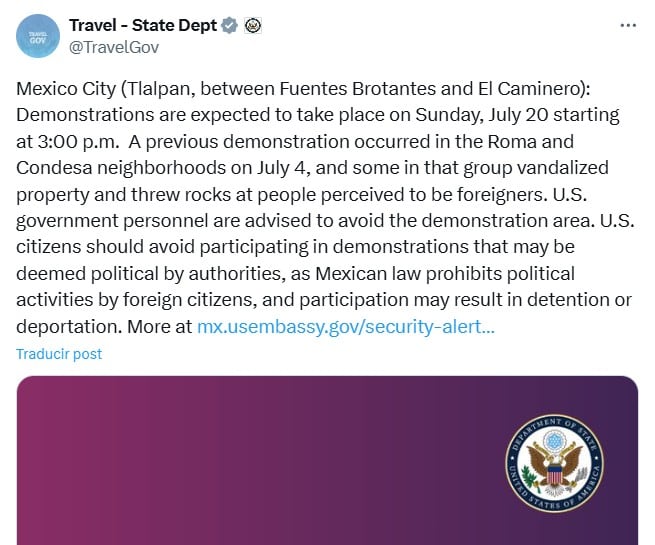 Estados Unidos lanza alerta por marcha vs gentrificación del domingo 20 de julio en CDMX