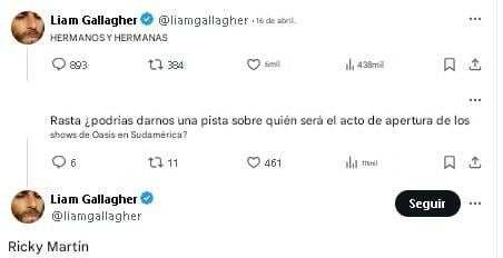 Liam Gallagher dice que Ricky Martin será el telonero de conciertos de Oasis.