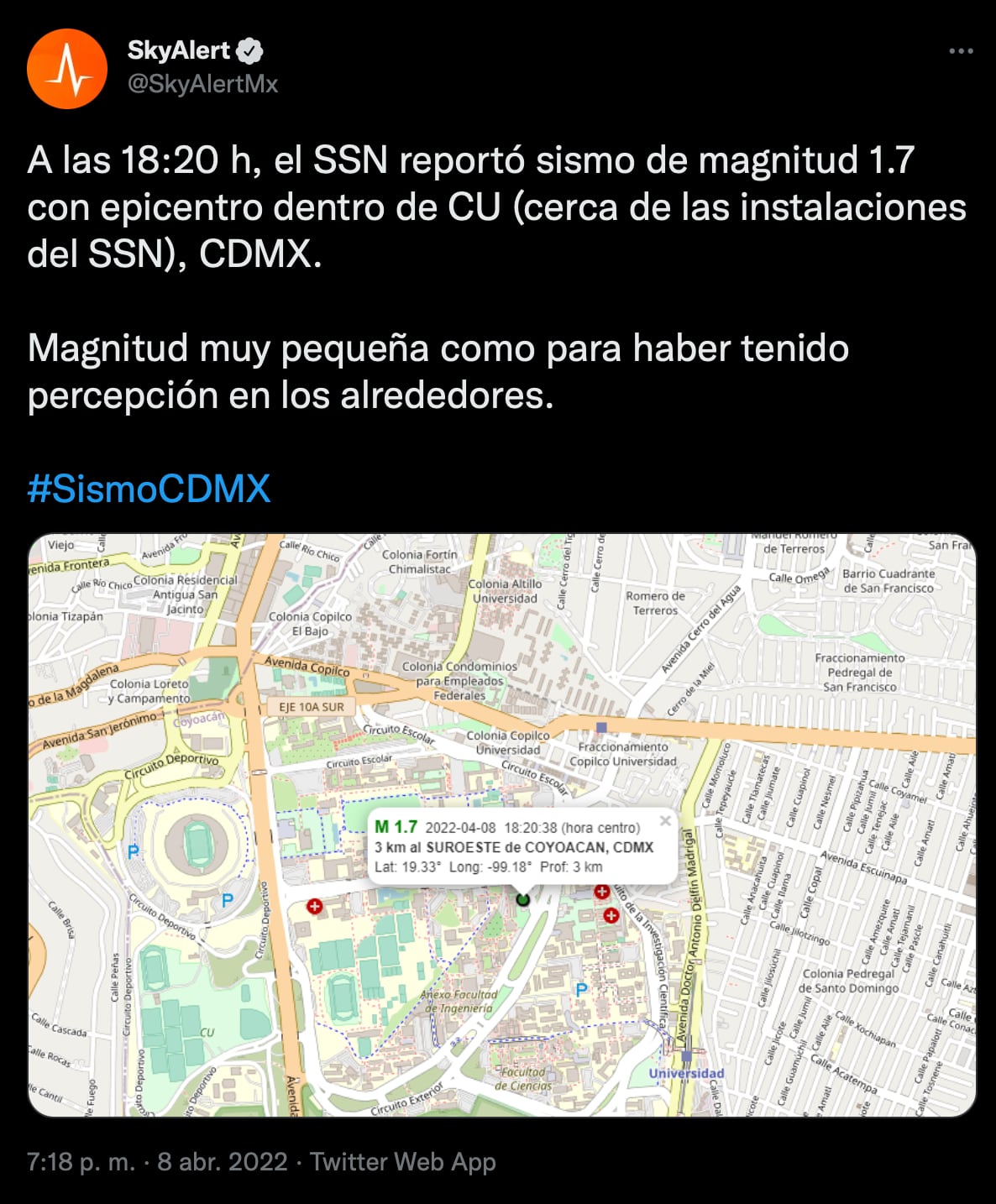 Sismo de 1.7 grados se registra en CU