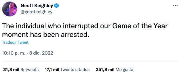 Geoff Keighley, presentador de The Game Awards 2022 reveló que el joven que nombró a Bill Clinton en la premiación de Elden Ring, fue arrestado