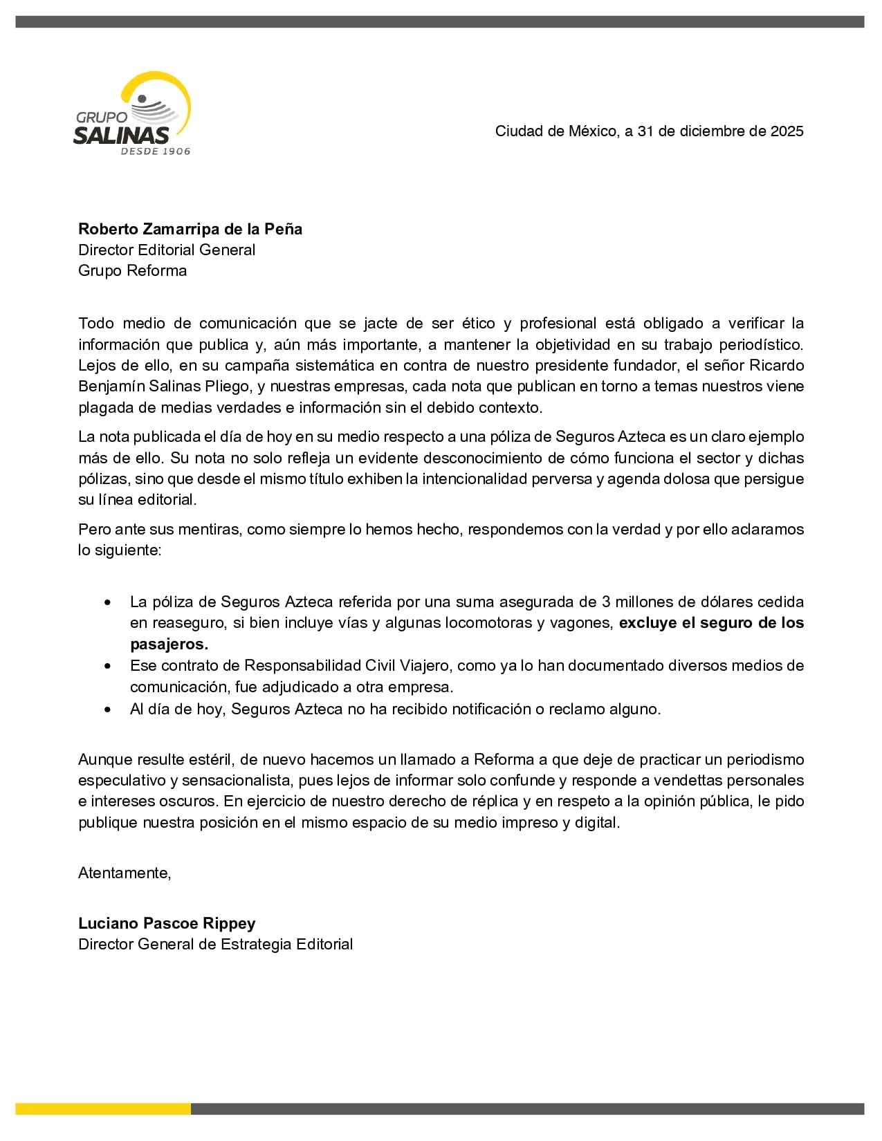 Grupo Salinas acusa a Reforma de periodismo engañoso por nota sobre Seguros Azteca