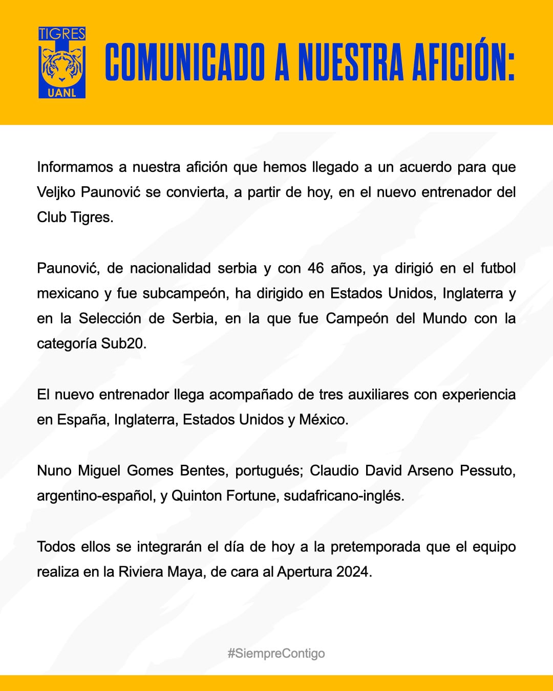 Comunicado de Club Tigres sobre Paunovic.