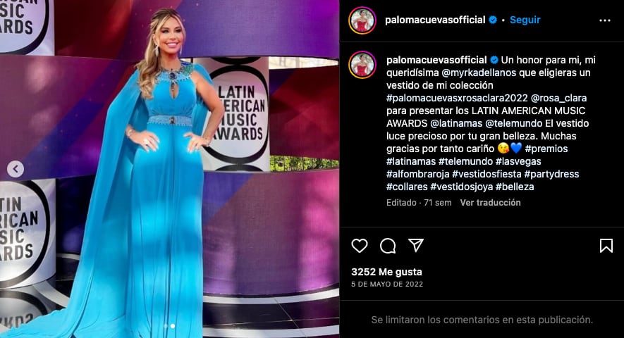 Paloma Cuevas agradece a Myrka Dellanos por usar su vestido
