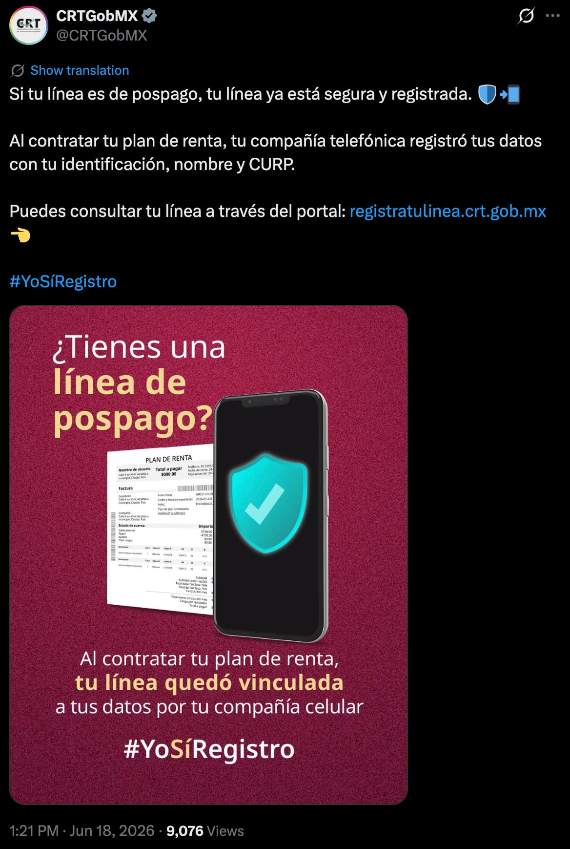 CRT confirma vinculación automática de líneas de pospago en el registro telefónico