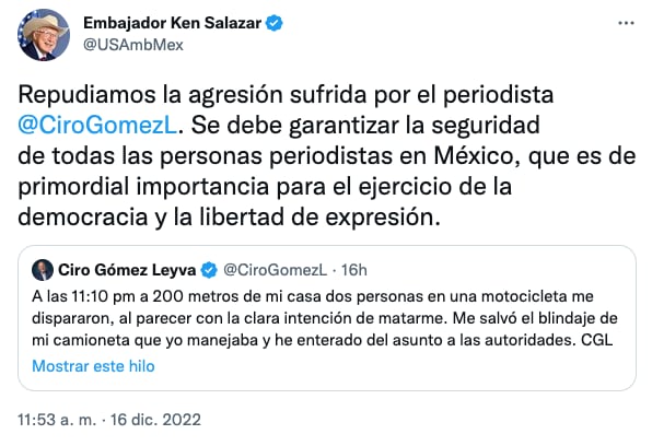 Ken Salazar condena atentado contra Ciro Gómez Leyva