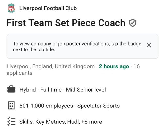 Vacante de Liverpool FC para especialista en jugadas a balón parado.