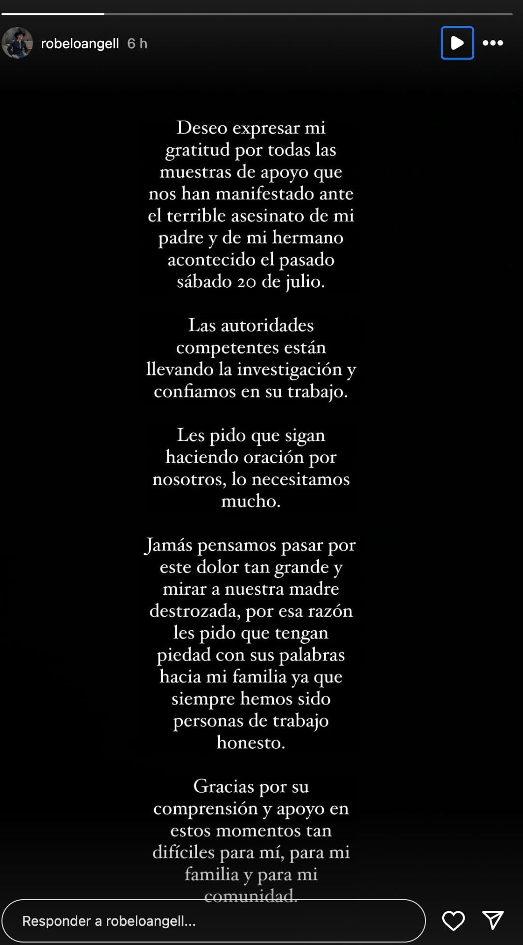 Luis Ángel Robelo lanza comunicado tras el asesinato de su padre y hermano