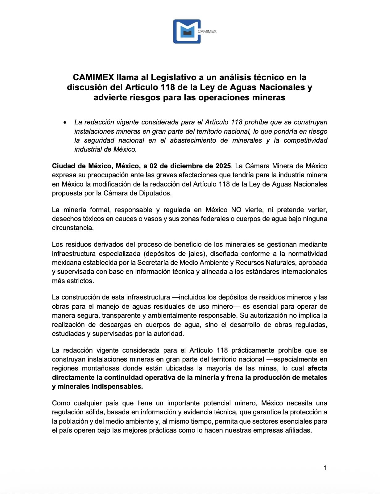 Sector minero se pronuncia contra Ley de Aguas Nacionales