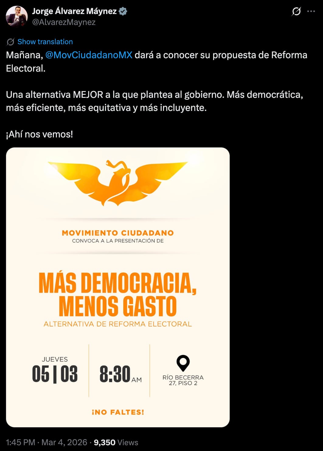Movimiento Ciudadano alista su propia reforma electoral