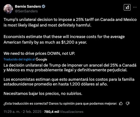 El tuit de Bernie Sanders contra Donald Trump y el aumento de aranceles.