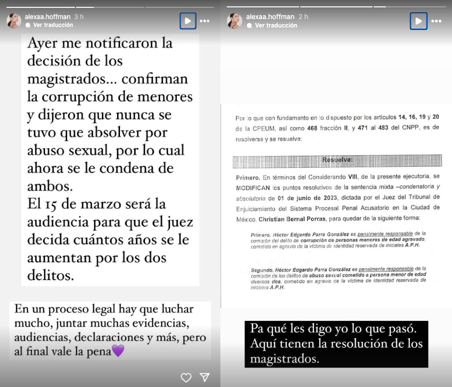 Alexa Hoffman confirma que Héctor Parra va recibir sentencia por abuso sexual