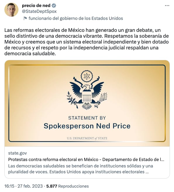 Portavoz del Departamento de Estado fija postura de Estados Unidos sobre reforma electoral