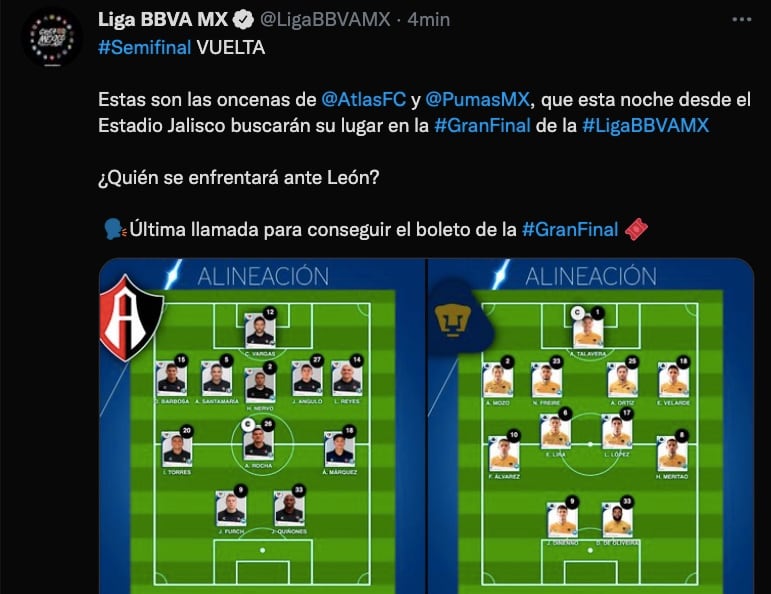 Alineaciones del Atlas vs Pumas