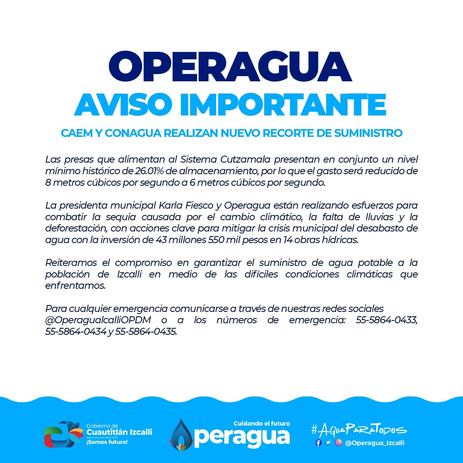 Aviso sobre la reducción de entrega de agua del Sistema Cutzamala