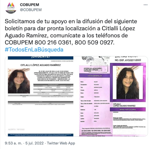 Comisión de búsqueda del Edomex comparte ficha de Citlalli