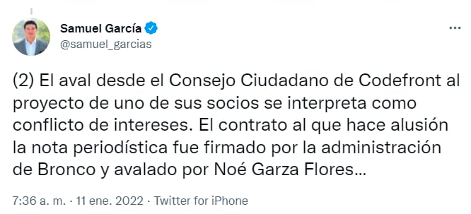 Tuit de Samuel García sobre la destitución de Eduardo Garza