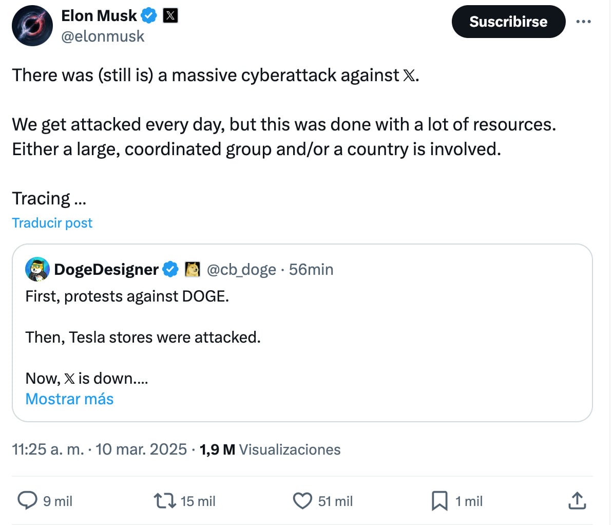 Elon Musk habla de la caída X -antes Twitter- de este 10 de marzo