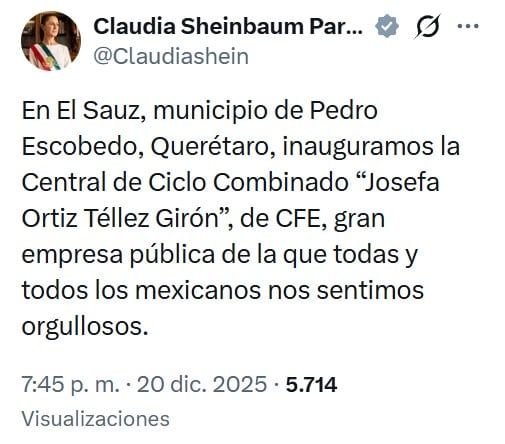 Claudia Sheinbaum inaugura central de CFE